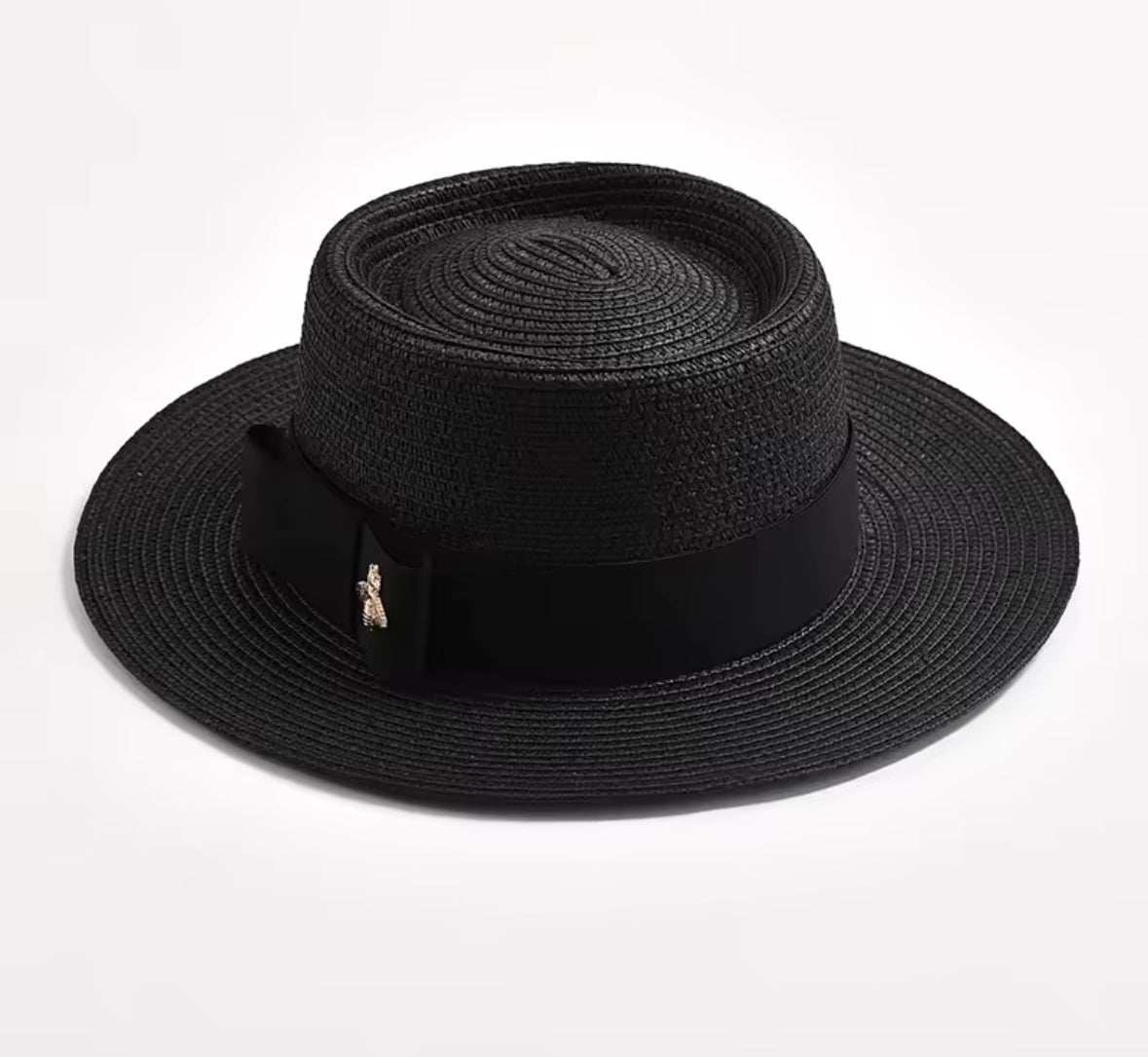 Chapeau de Paille Femme – Haut Plat & Nœud Papillon, Style Été Chic